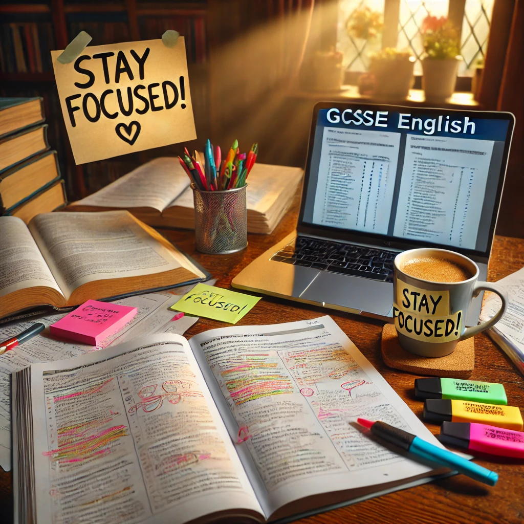 A visually engaging image representing GCSE English exam preparation. The image features a cluttered study desk with open books, highlighters, and a student’s handwritten notes. A cup of coffee sits beside a laptop displaying an exam paper. In the background, a motivational sticky note reads 'Stay Focused!'. The setting is warm and inviting, with natural light streaming through a nearby window. The image conveys a sense of learning, revision, and determination.
